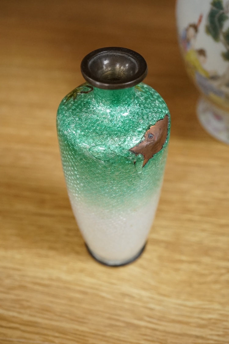 A Chinese famille rose vase, a powder box and an enamelled vase, largest 21cm high
